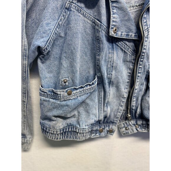 Böhme Womens Denim Jacket Distressed Light Wash Large Elastic Hem & Snap Pockets - Picture 3 of 10